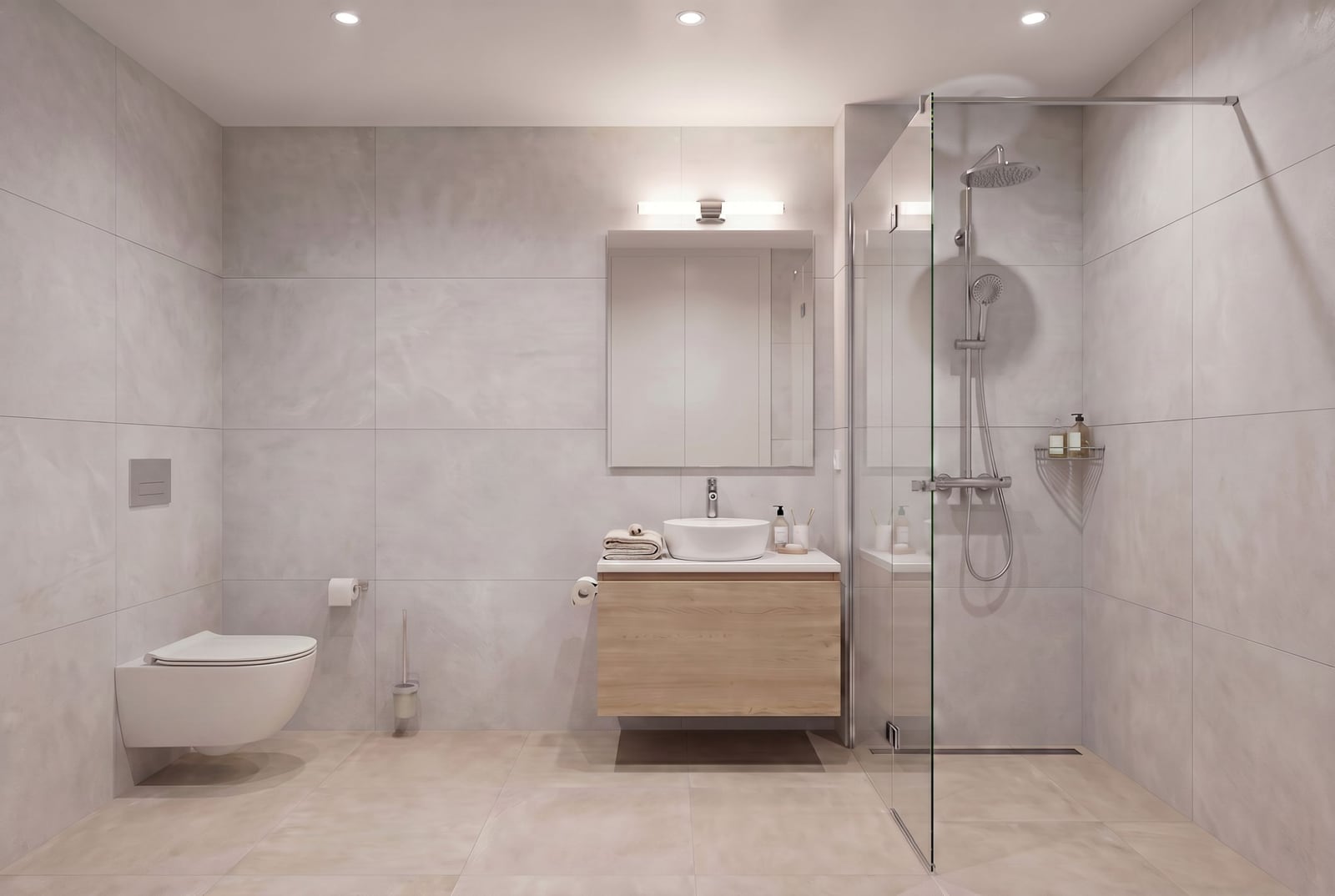 Modernes Badezimmer in einer Wohnung in Bečići, Montenegro: Duschkabine, Hängeschrank und helle Fliesen.