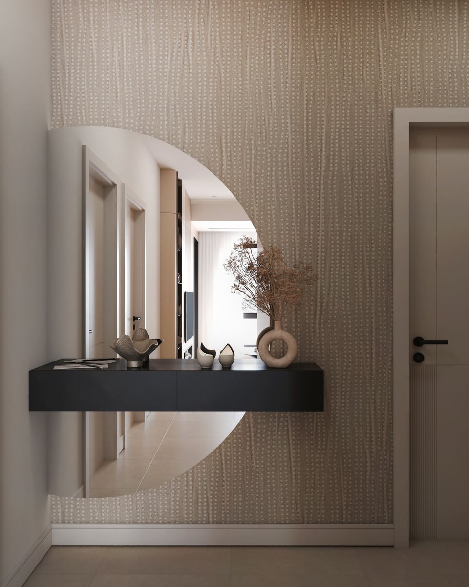 Modernes Interieur des Flurs im ЖК Бар, Montenegro: runder Spiegel, schwarze Hängekonsole und stilvolle Dekoration.