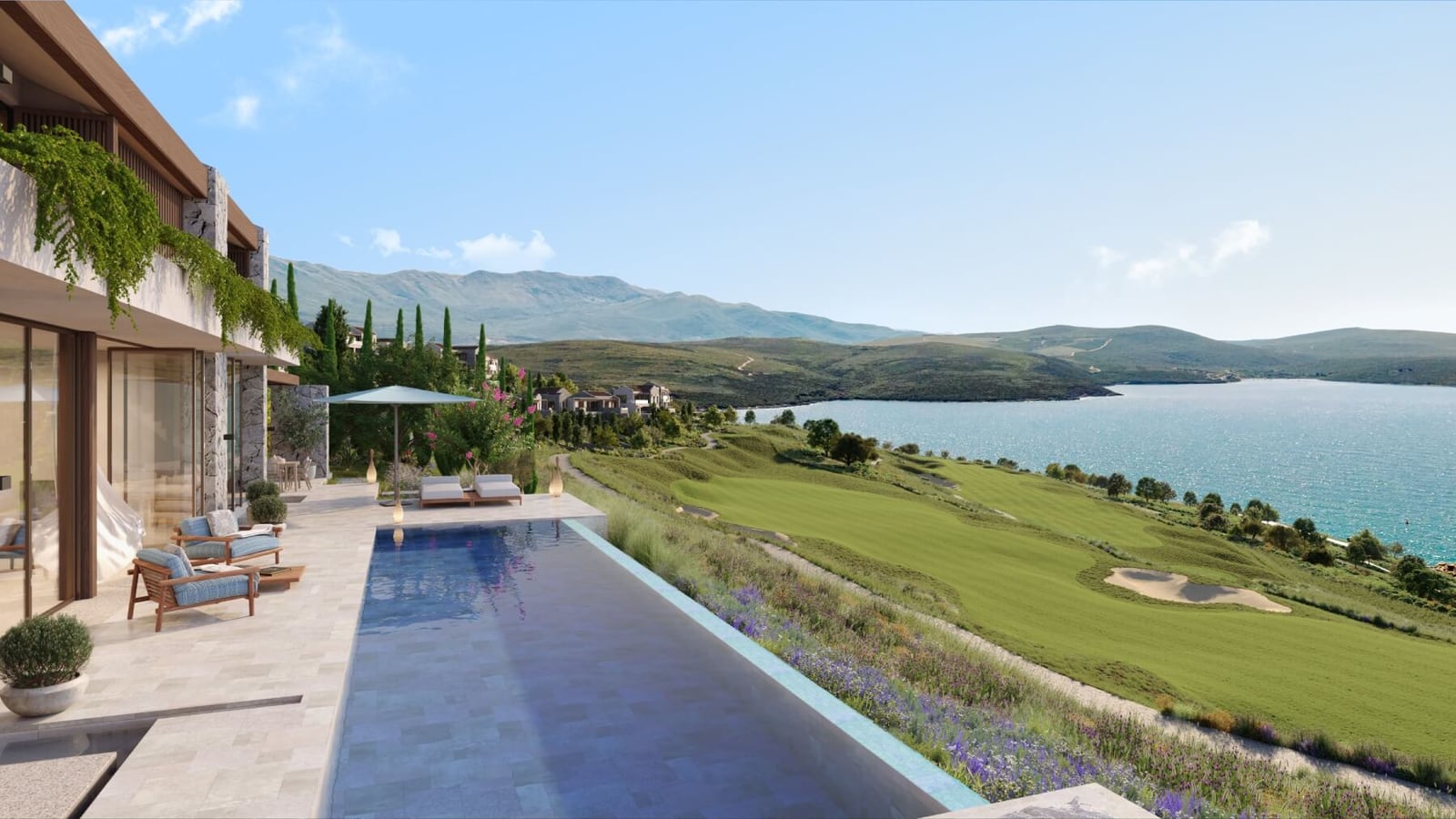 Luksuzna vila sa infinity bazenom i pogledom na golf teren i more u Luštici, Crna Gora. Terasa sa zonom za odmor.