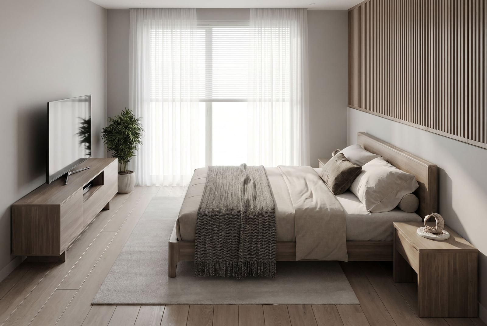 Modern bedroom in a residential complex in Tivat, Montenegro: wooden furniture, slatted wall paneling, TV, and panoramic window.