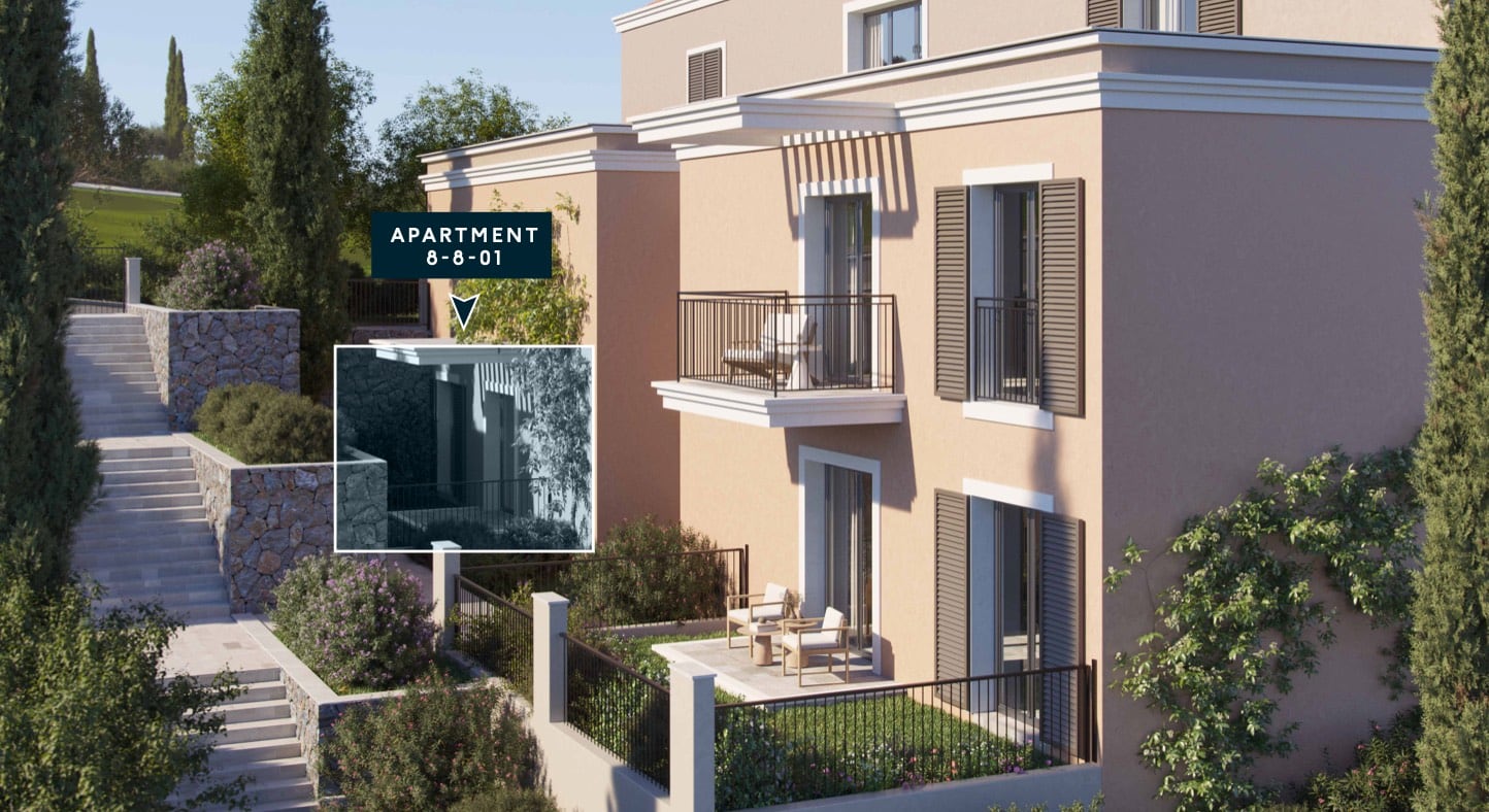 Karadağ, Luštica konut kompleksinde teraslı ve balkonlu modern daire: peyzajlı bina dış cephesi.