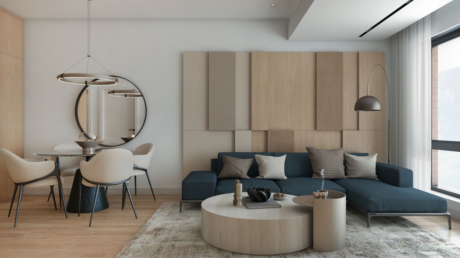 Modernes Wohnzimmer in einer Wohnanlage in Bar, Montenegro: blaues Sofa, Holz-Wandpaneele und Essbereich mit Spiegel.