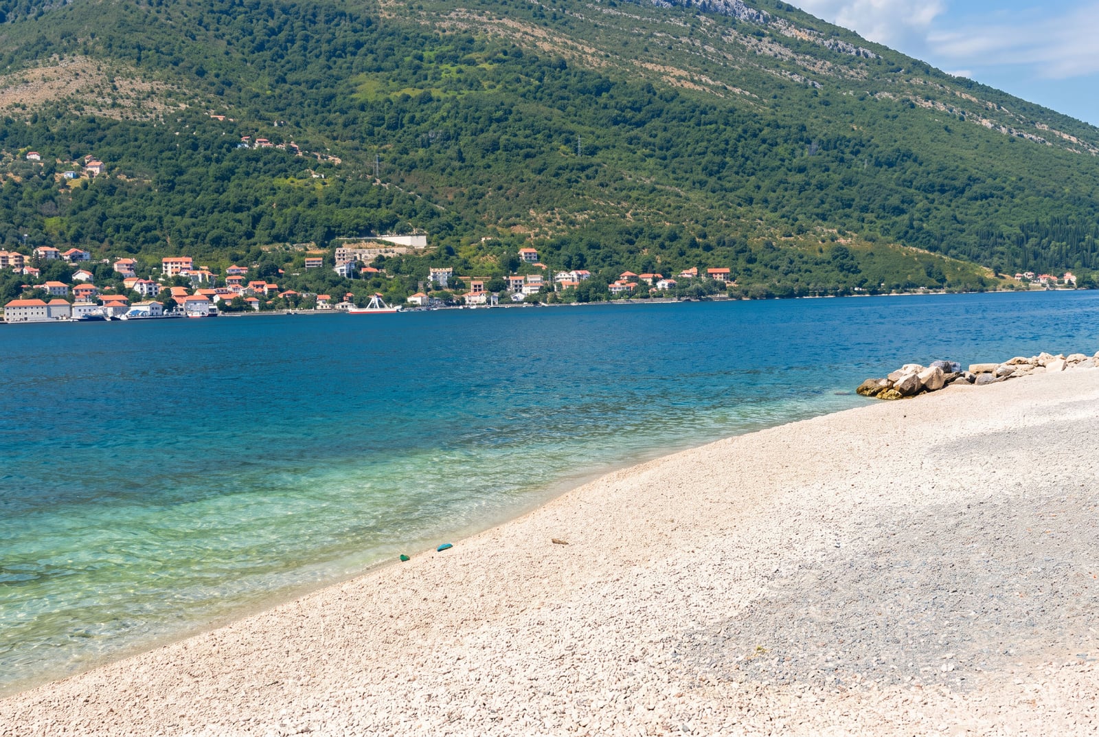 Panoramic view of the pristine beach and Bay of Kotor in Tivat, Montenegro