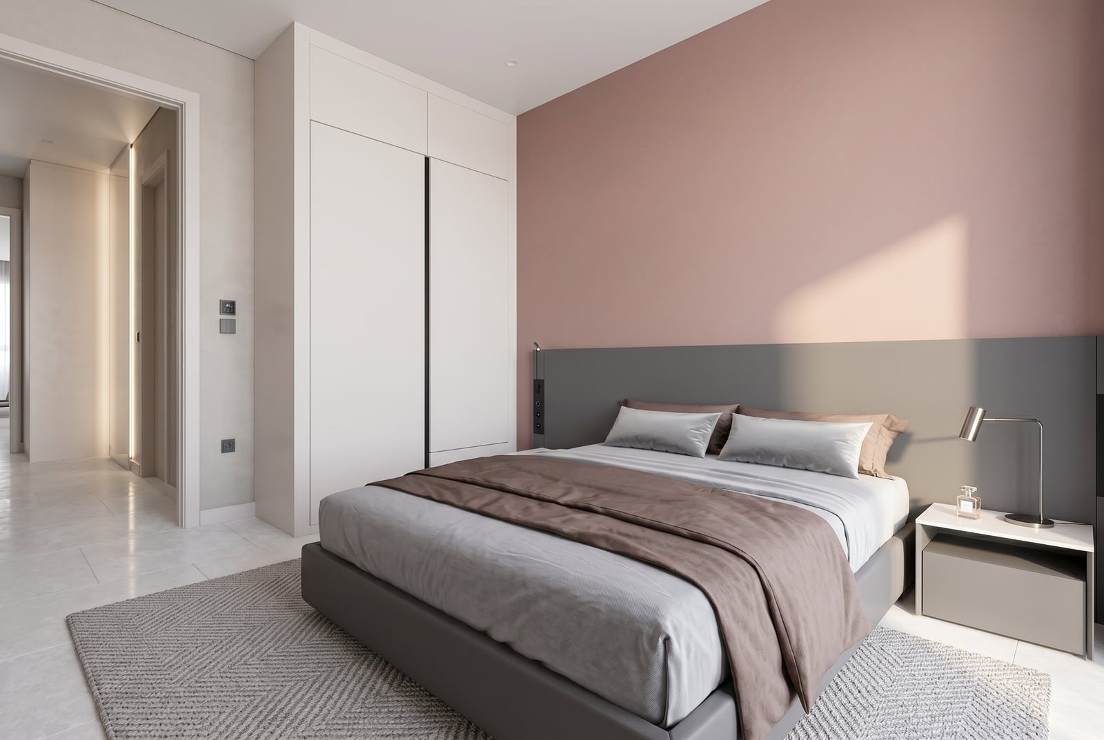Modernes Schlafzimmer in einer Wohnung des Wohnkomplexes Tivat, Montenegro: Doppelbett, Einbauschrank und stilvolles Interieur.