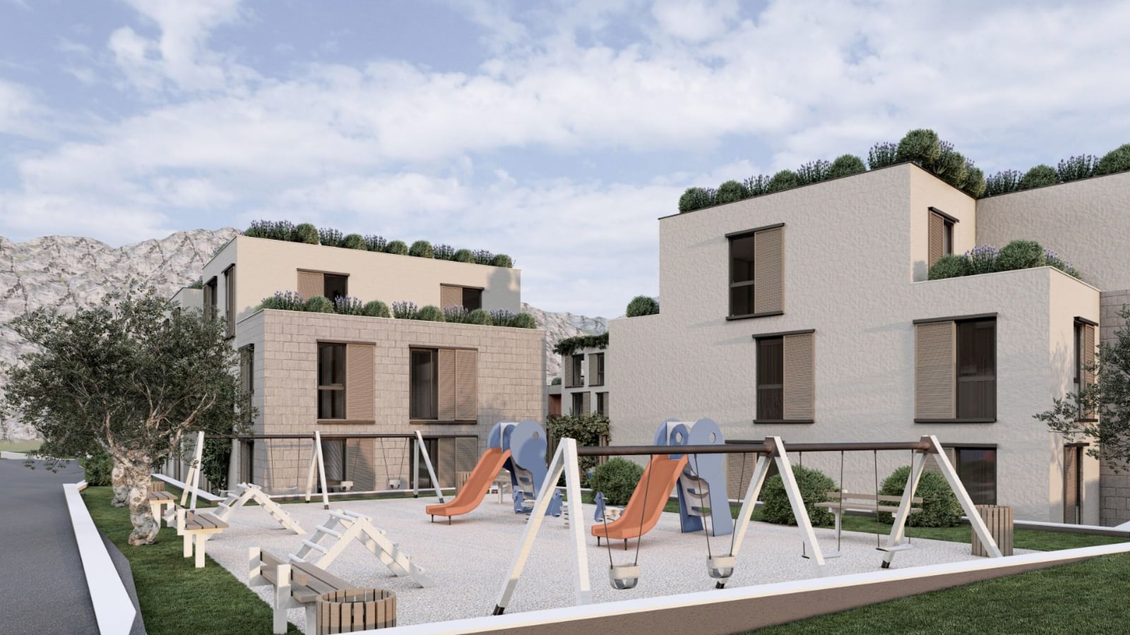 Complexe résidentiel moderne à Radanovici, Monténégro : aire de jeux pour enfants, terrain aménagé et vue sur les montagnes.