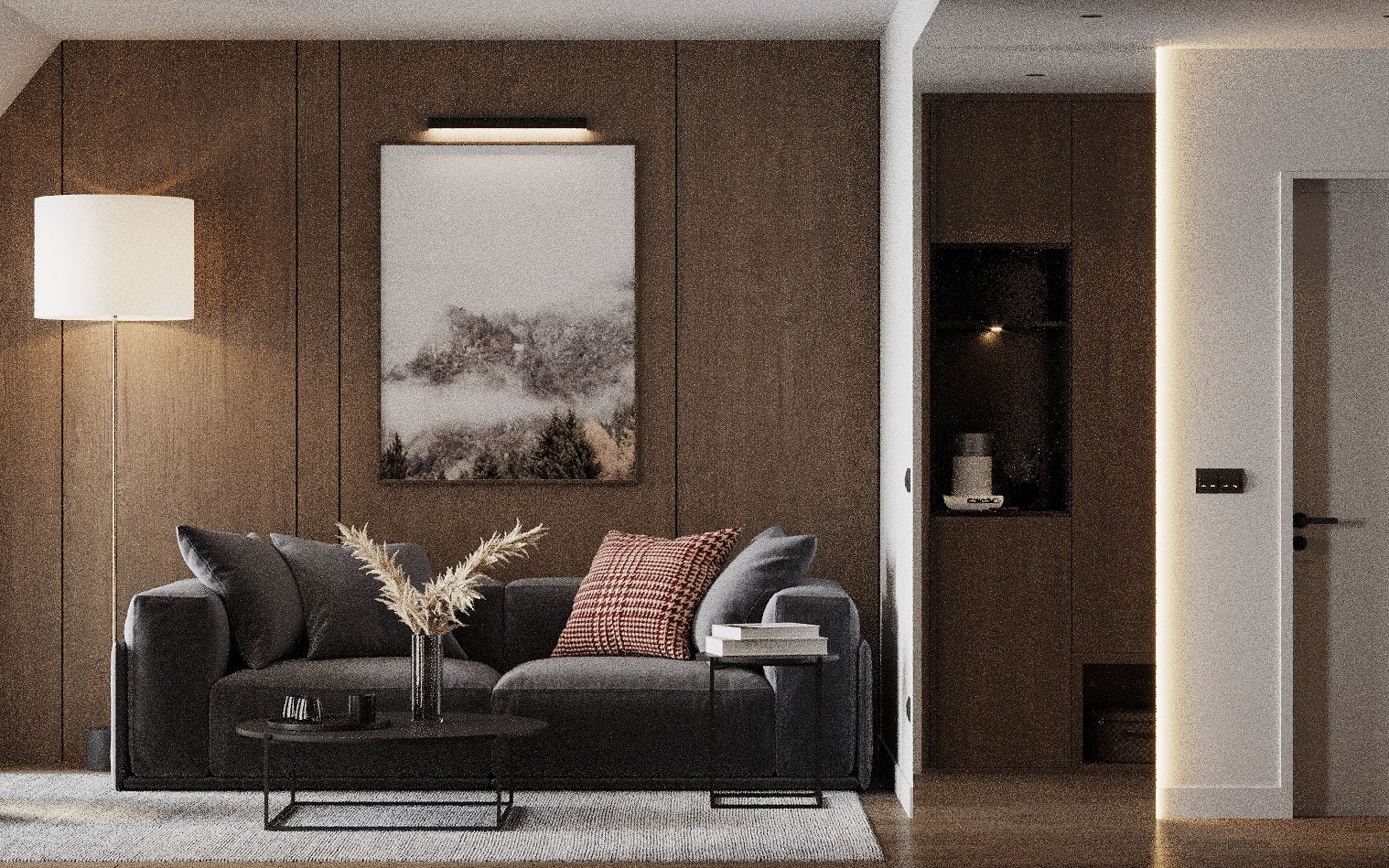 Modern living room in a Kolasin hotel, Montenegro: gray sofa, wooden panels, stylish decor, and soft lighting.