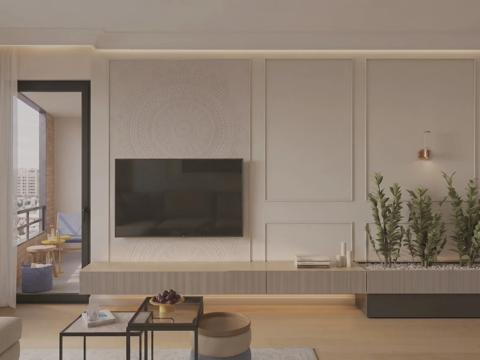 Duvarda TV, kahve table ve balkona çıkan kayar kapı olan modern oturma odası.