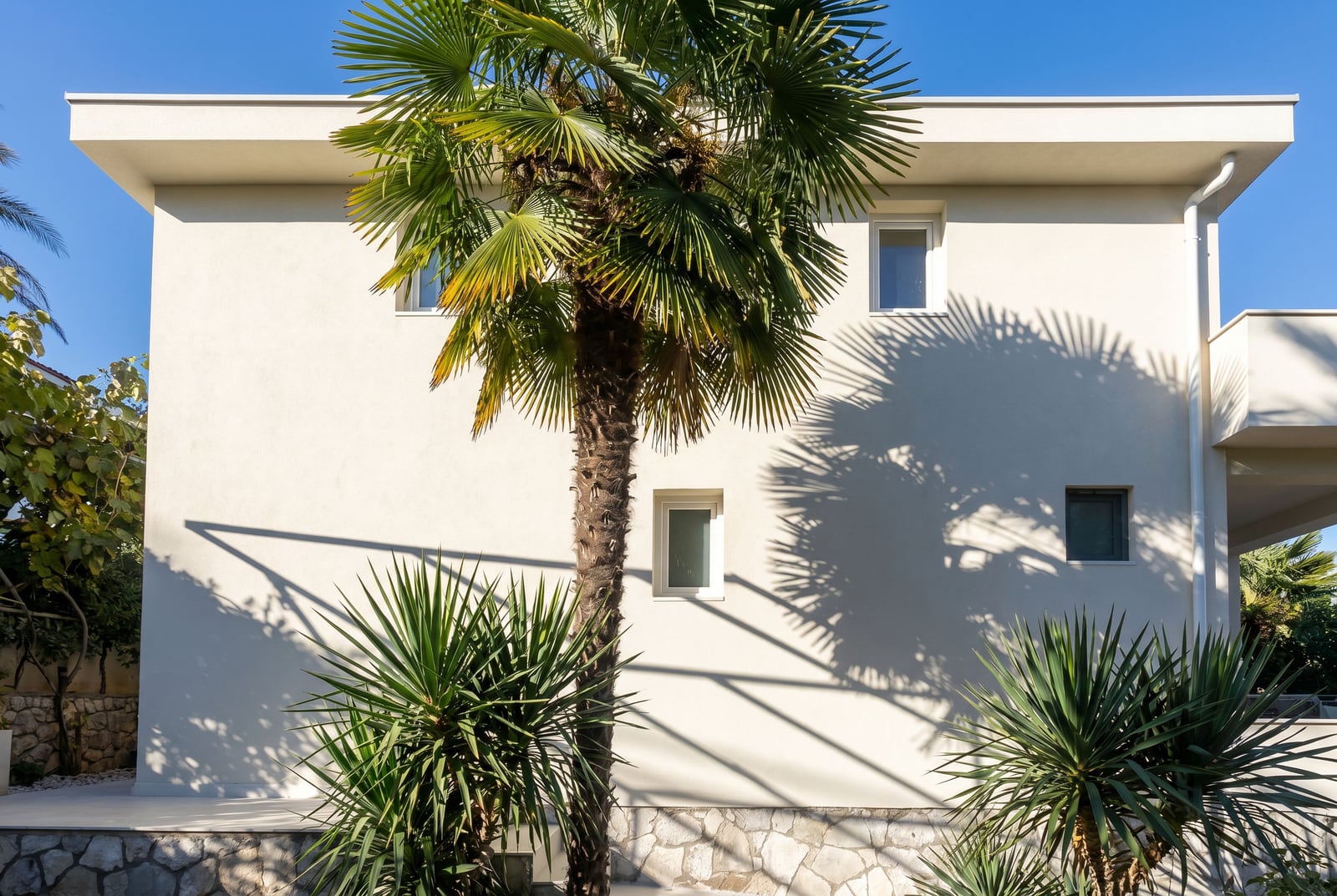 Façade d'une villa moderne à Krašići, au Monténégro, avec des palmiers et un soubassement en pierre par une journée ensoleillée.