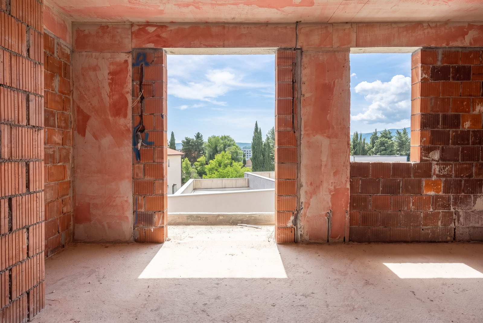 Apartment in a new development in Tivat, Montenegro: raw brick walls and views of greenery from the windows.