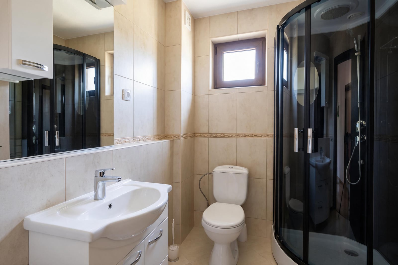 Modern bathroom with a shower cabin, sink, and toilet in an apartment in Budva, Montenegro
