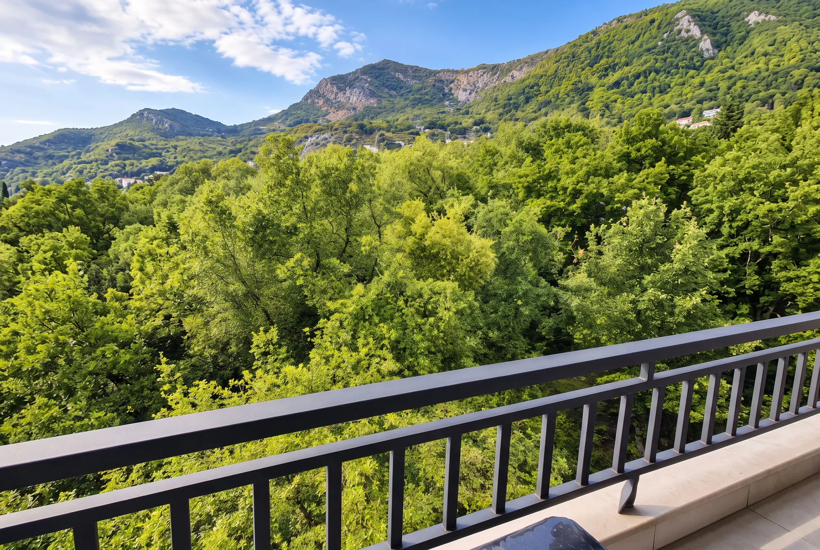 View from a balcony with a dark railing overlooking dense green forest and mountains.
