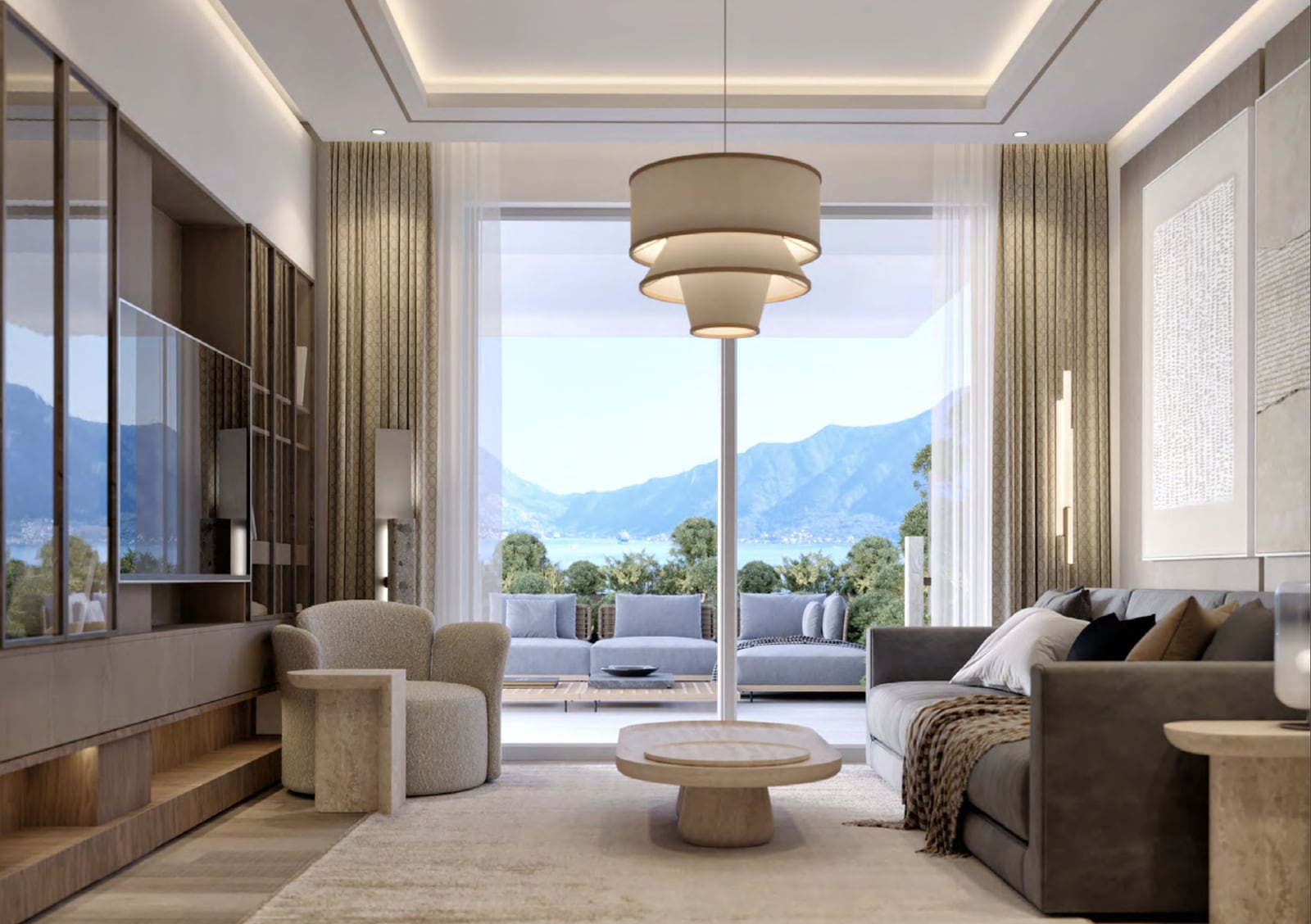 Modern living room with panoramic window and mountain view in a luxury apartment in Orahovac, Montenegro.