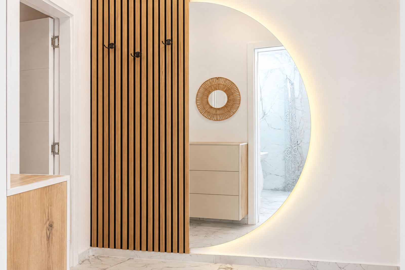 Modern hallway featuring a wooden slat wall, a large backlit circular mirror, and a view into an adjacent bathroom.