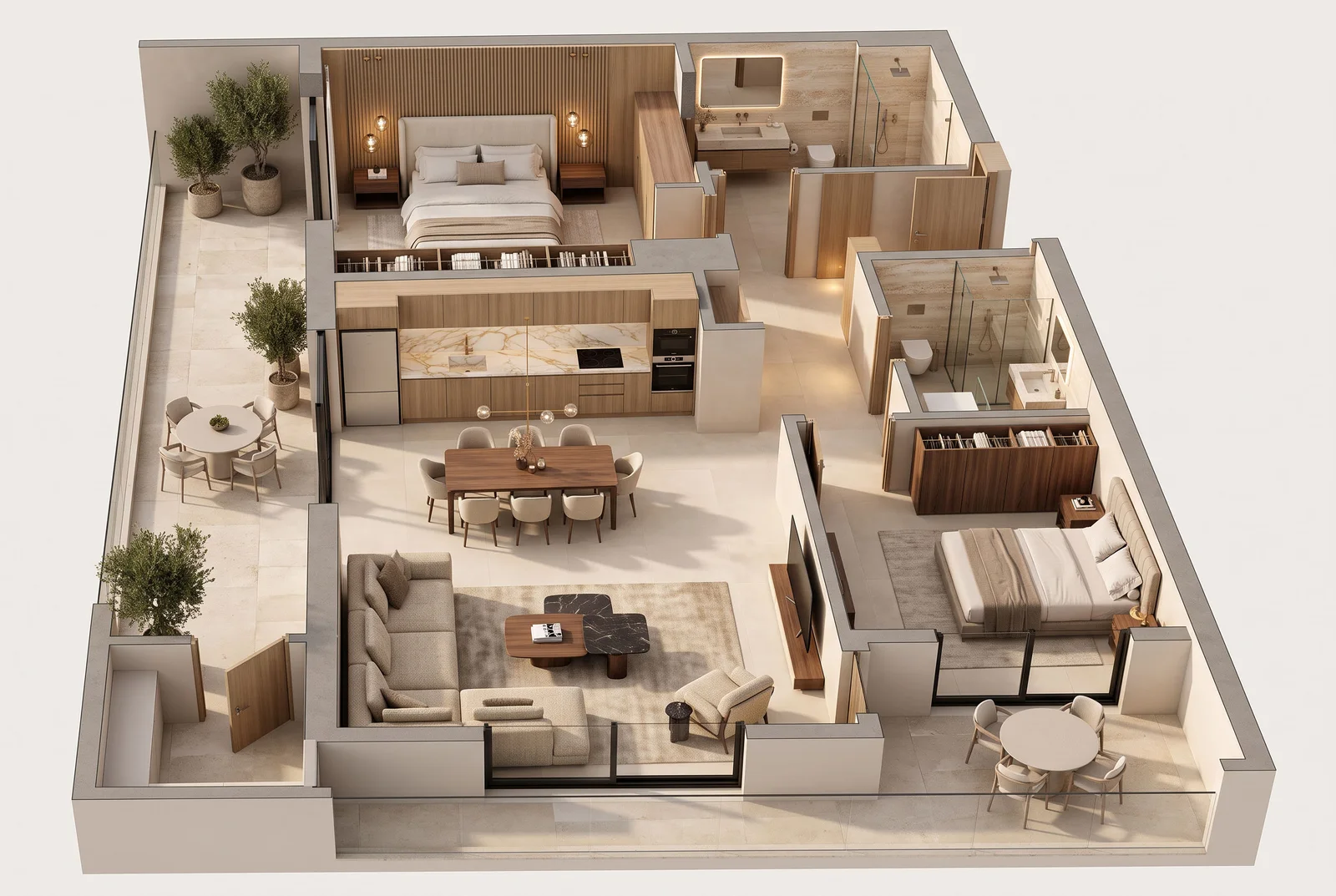 Yatak odaları, mutfak ve oturma odası içeren bir apartmanın 3D mimari planı.