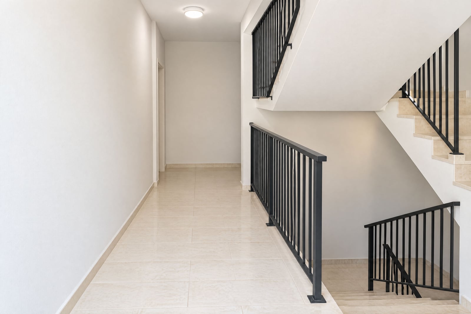 Bright hallway and staircase with black railings in a residential complex in Budva, Montenegro