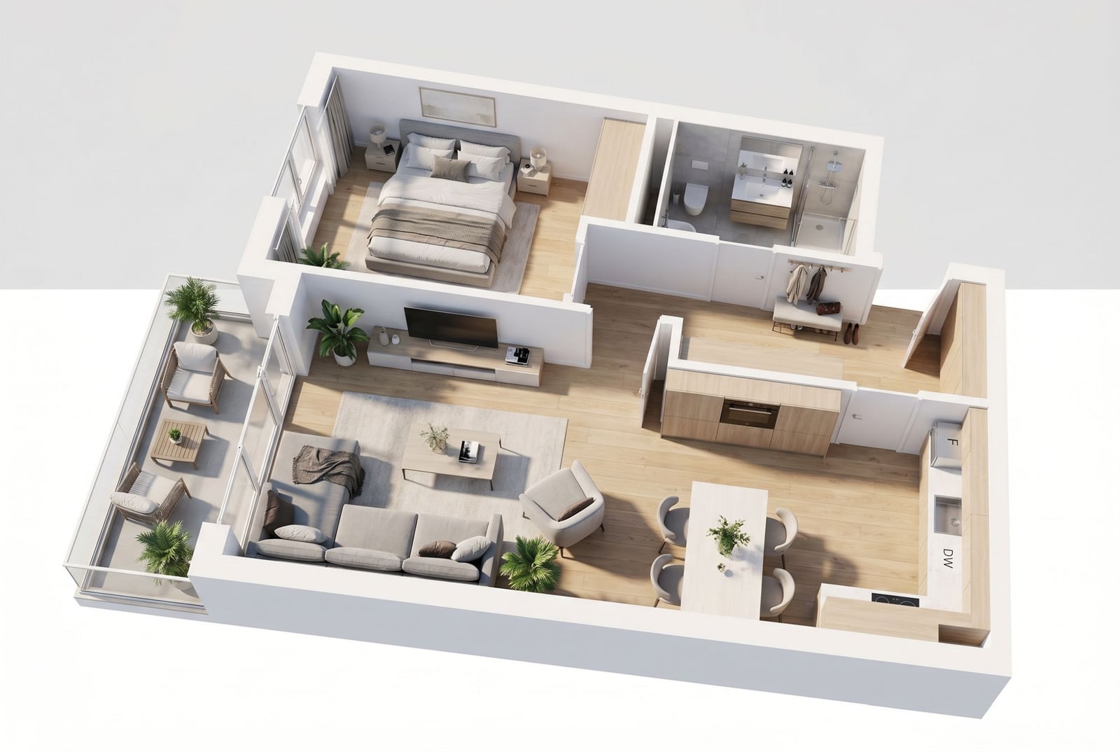 Karadağ, Bečići’de dairenin 3D planı: yatak odası, teraslı oturma odası, mutfak ve modern mobilyalı banyo.