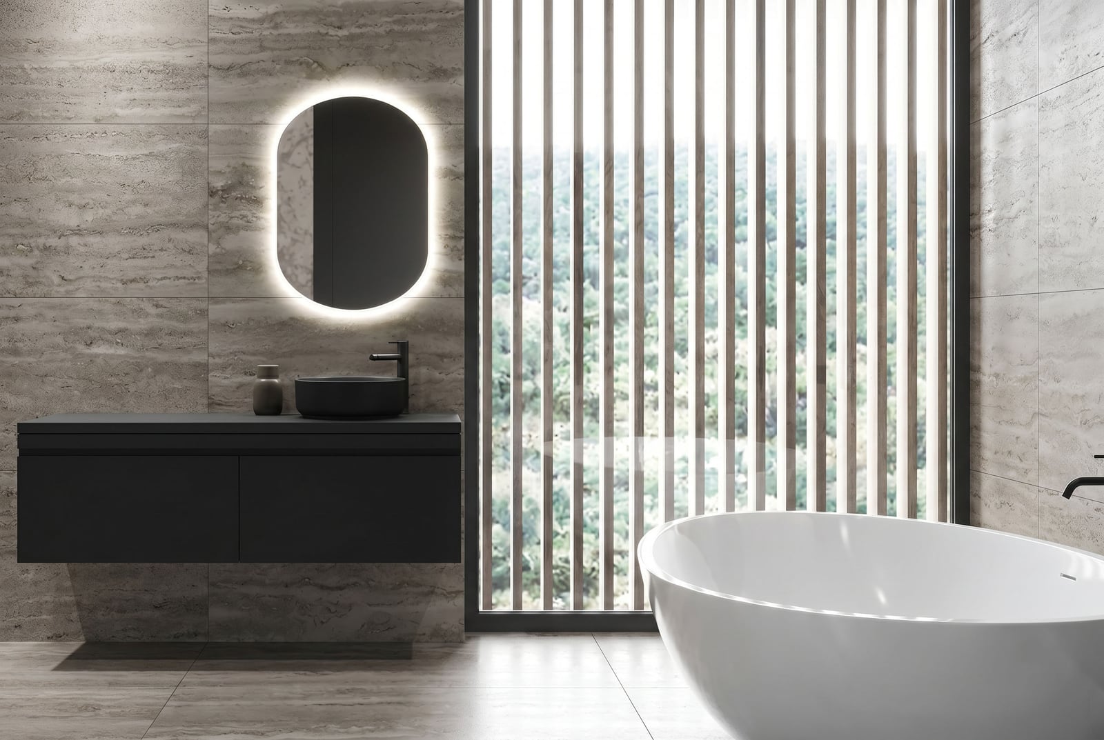 Modern bathroom in a villa, Kumbor, Montenegro: freestanding bathtub, black vanity, and forest view.