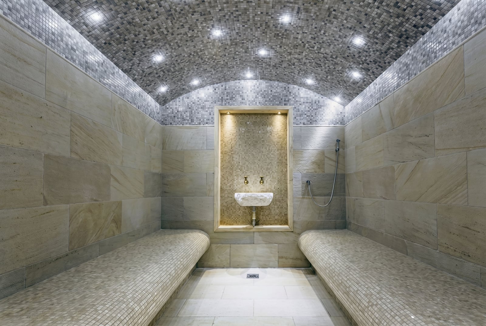 Luxurious hammam with a mosaic vaulted ceiling and stone finishes in an elite villa, Kumbor, Montenegro.