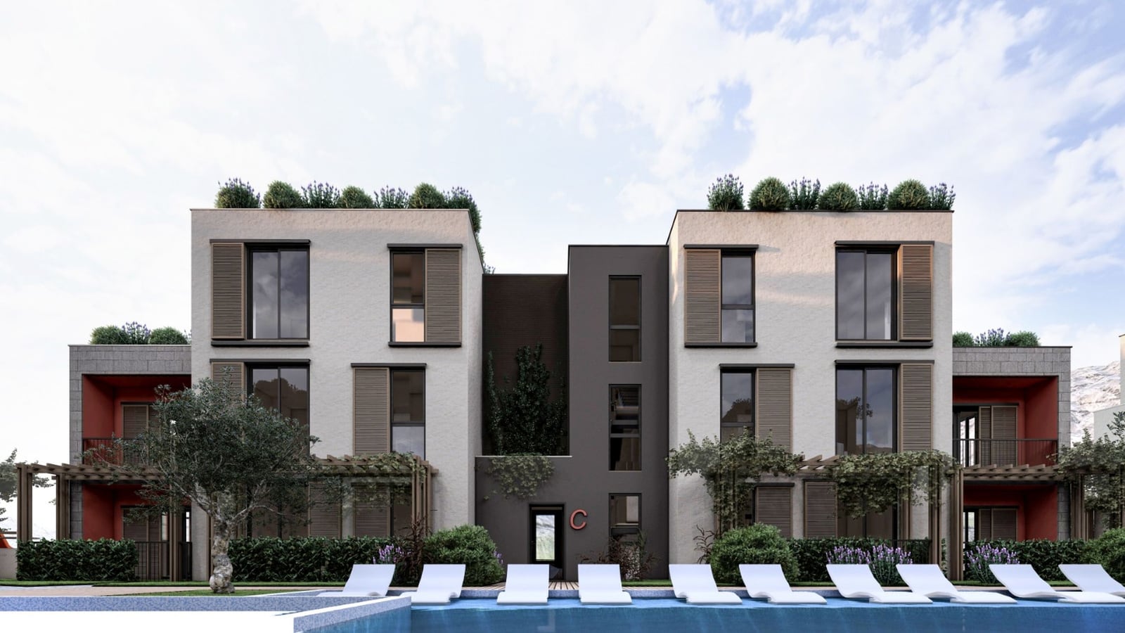 Complexe résidentiel moderne à Radanovici, Monténégro : façade du bâtiment avec piscine, terrasses et aménagement paysager.