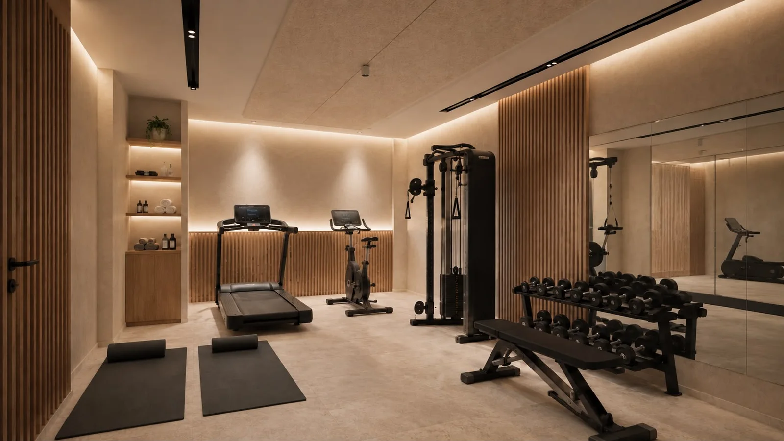 Modern ev spor salonu; koşu bandı, sabit bisiklet, dumbbell rafı, kablo makinesi ve yoga matleri içerir.