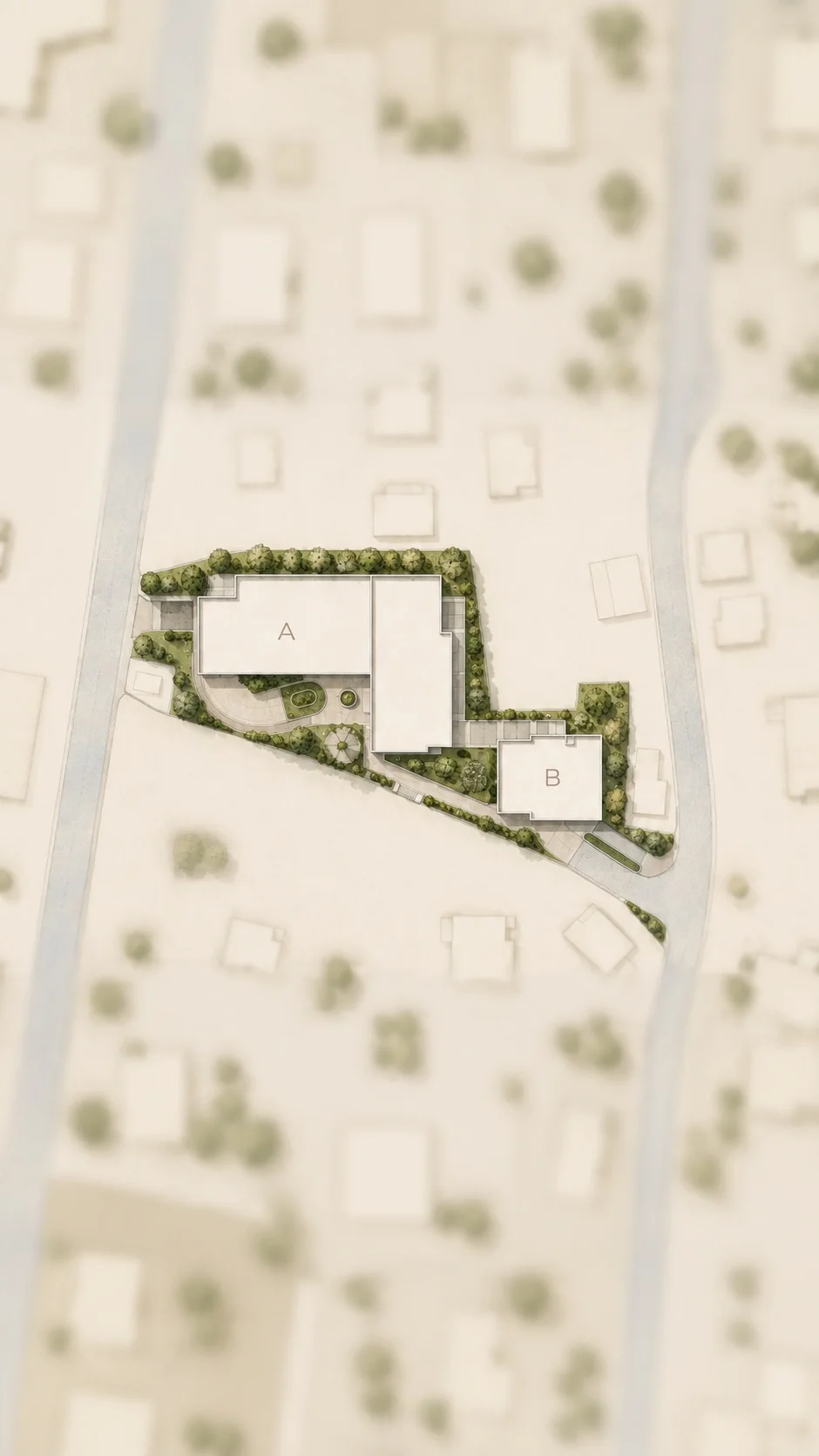 A ve B binalarını, ağaçları, yolları ve peyzajı gösteren arsitektomatik alan planı.