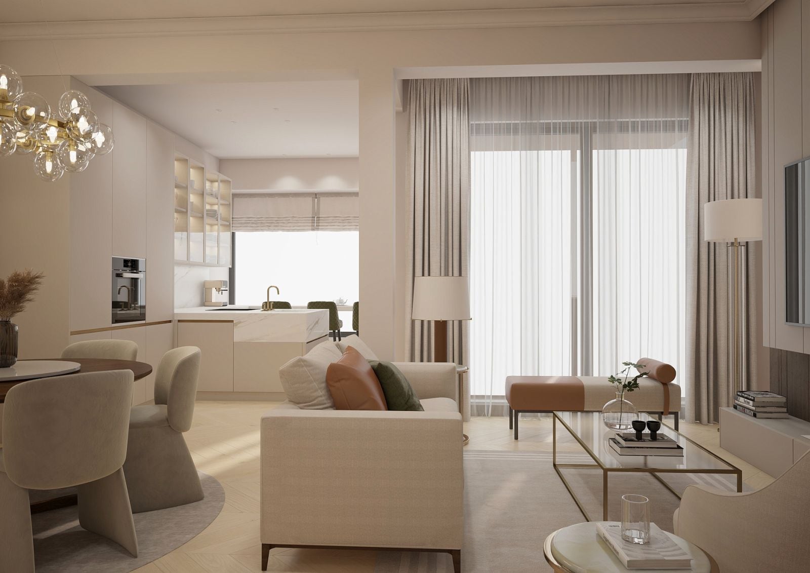 Salon moderne avec cuisine dans un appartement à Bečići, Monténégro : mobilier clair, fenêtres panoramiques et finitions de qualité.
