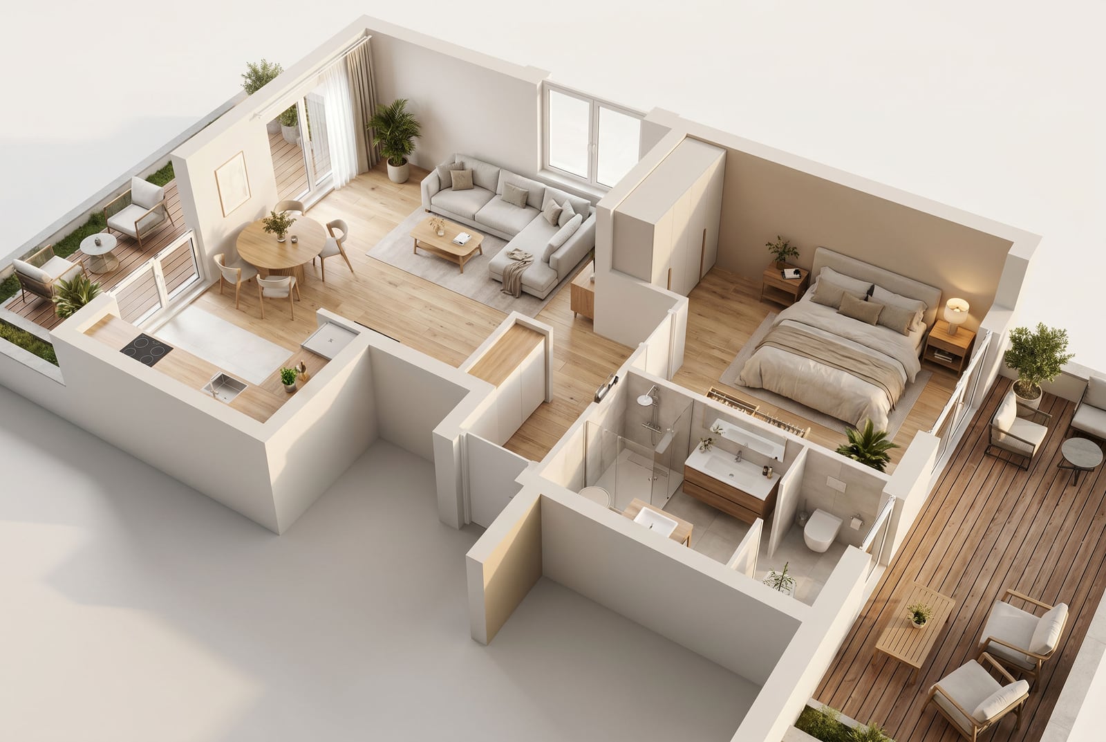 3D-планировка квартиры в Тивате, Черногория: гостиная, спальня, кухня, санузел и две террасы с мебелью.