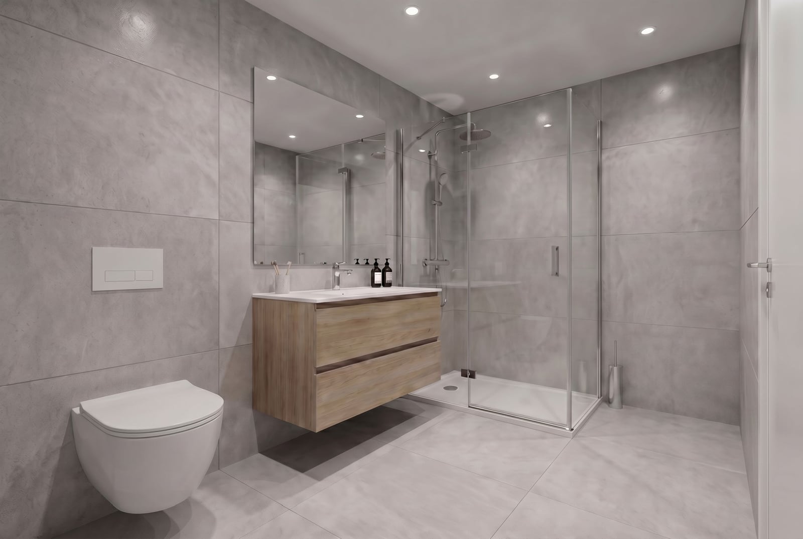 Karadağ, Bečići’deki dairede modern banyo: duş kabini, asma lavabo dolabı ve gri fayans.