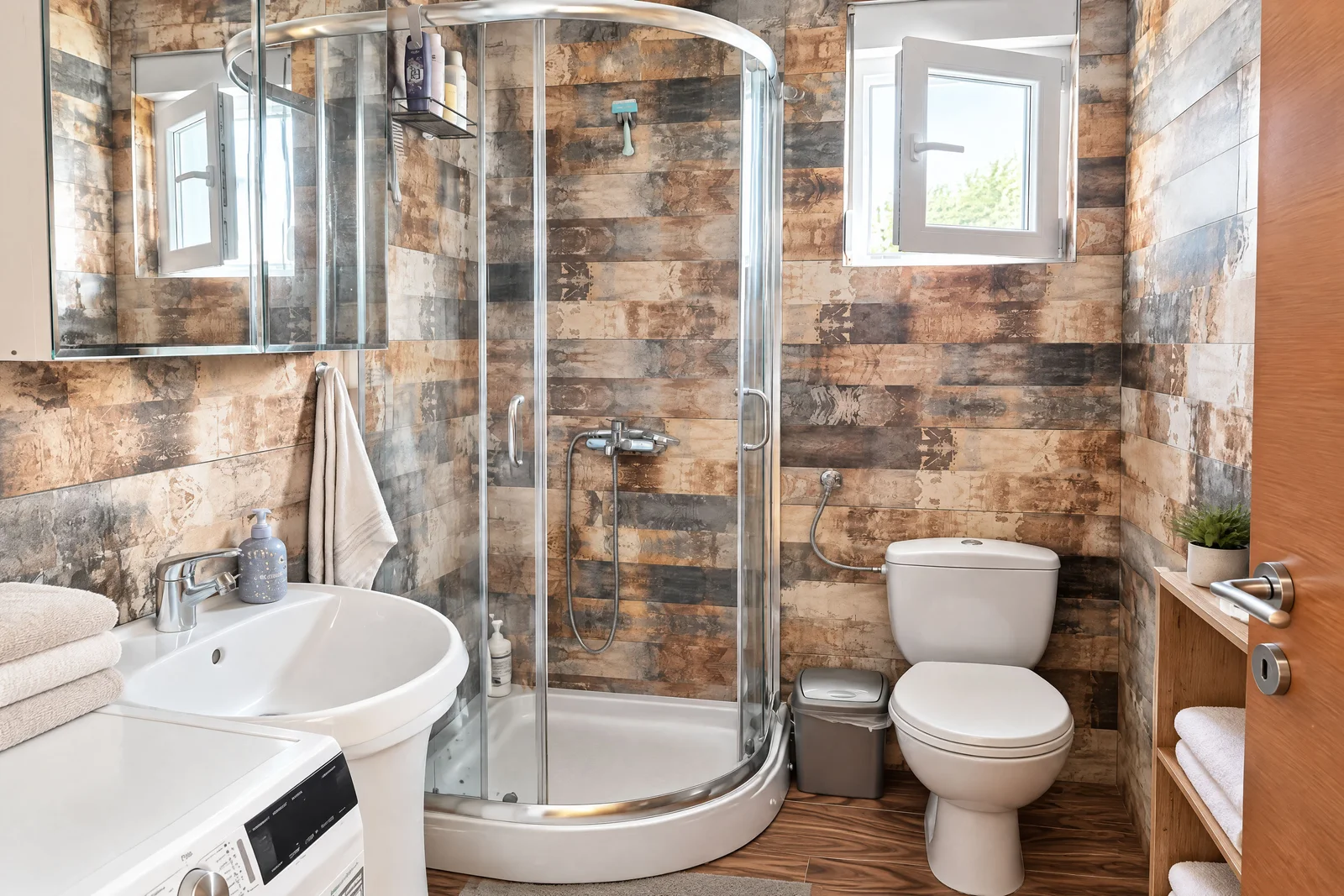 Köşe duş, tuvalet, lavabo ve çamaşır makinesi olan ahşap desenli fayanslı banyo.