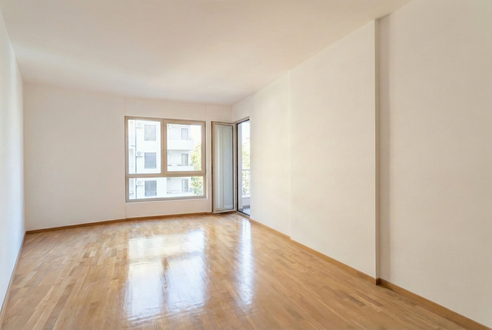 Svetla prazna dnevna soba sa parketom i izlazom na balkon u stanu, grad Bečići, Crna Gora.