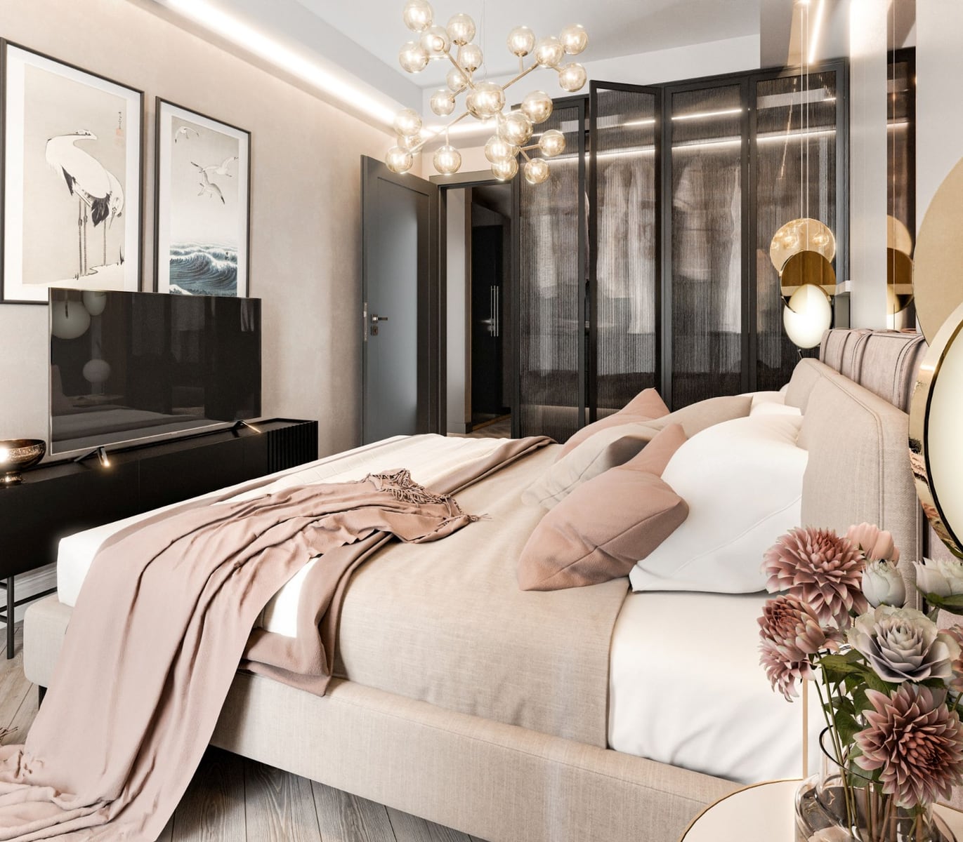 Chambre moderne dans le complexe résidentiel Radanovici, Monténégro : lit double, armoire vitrée et lustre design.