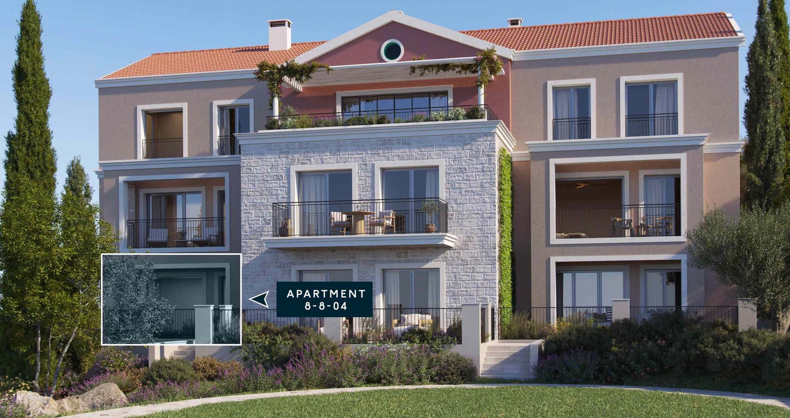 Fasada modernog stambenog kompleksa u Luštici, Crna Gora: kamena obloga, terase sa nameštajem i panoramski prozori.