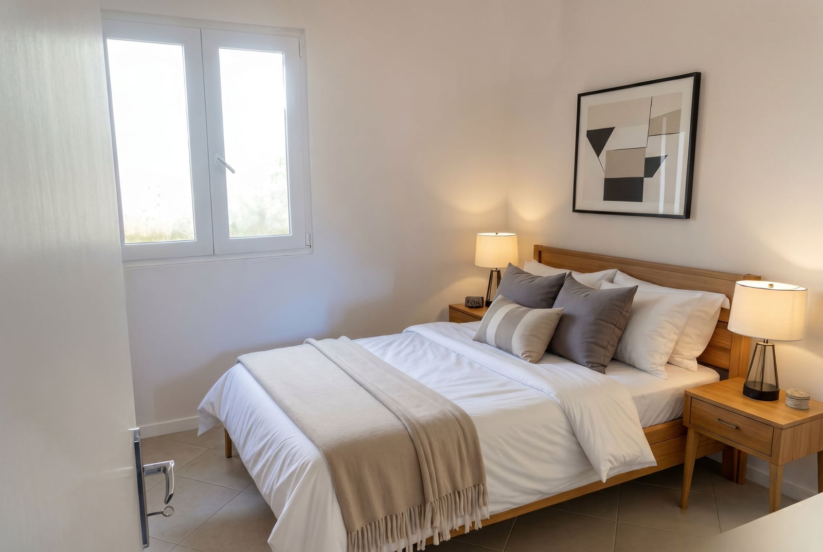 Chambre confortable avec lit double dans une maison, Krašići, Monténégro : intérieur lumineux, mobilier et décoration en bois.