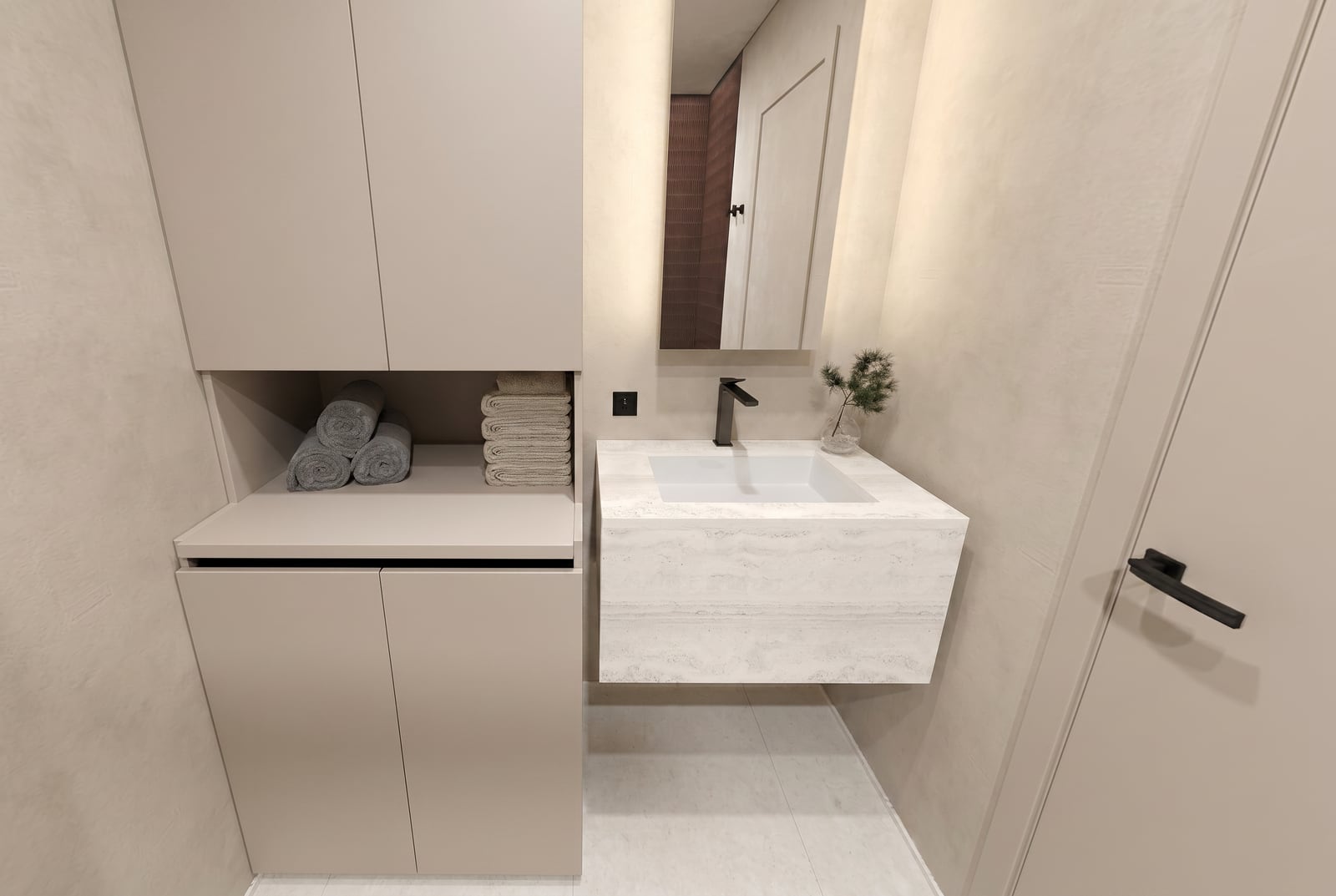 Modernes Badezimmer in einer Wohnung in Tivat, Montenegro: schwebender Unterschrank mit Steinplatte, Schrank und schwarze Sanitärausstattung.