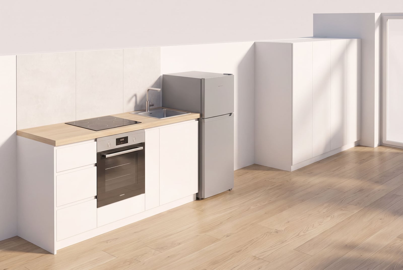 Modern white kitchen with appliances in an apartment in Budva, Montenegro: built-in stove, oven, and refrigerator.