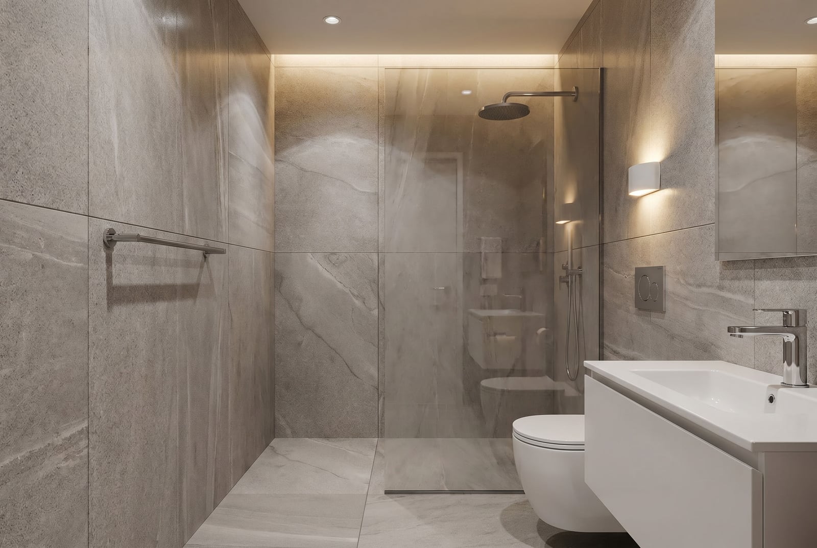 Modern bathroom with a walk-in shower and porcelain stoneware finishes in a residential complex, Tivat, Montenegro.