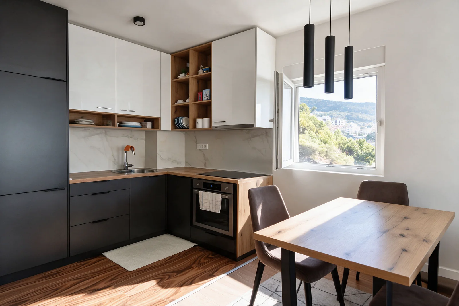 Siyah ve beyaz dolapları, ahşap tezgahları, yerleşik fırını, lavabosu ve pencere önünde ahşap bir yemek masası olan modern mutfak.