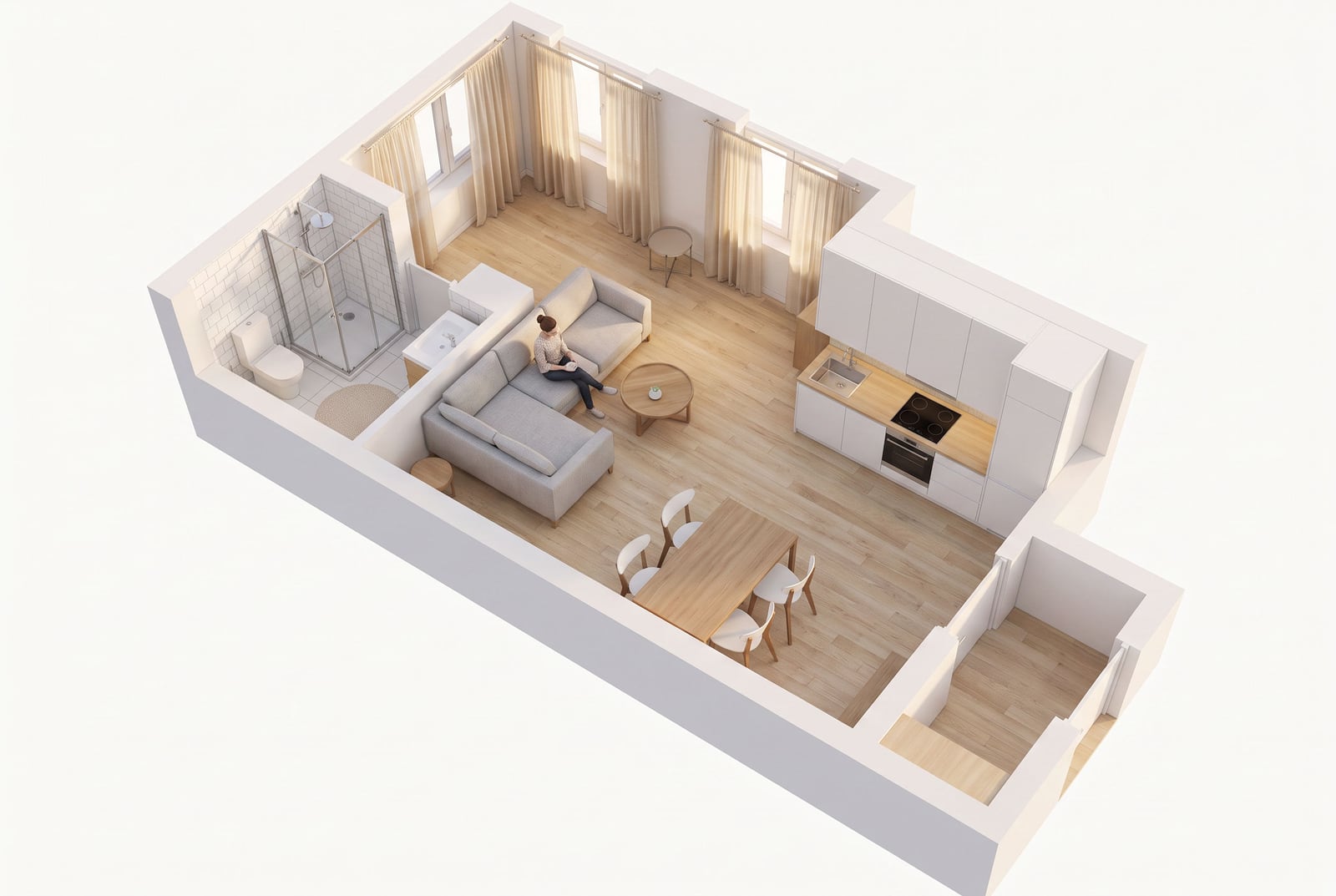 3D layout of an apartment in Budva, Montenegro: living room with kitchen, dining area, sofa, and combined bathroom.