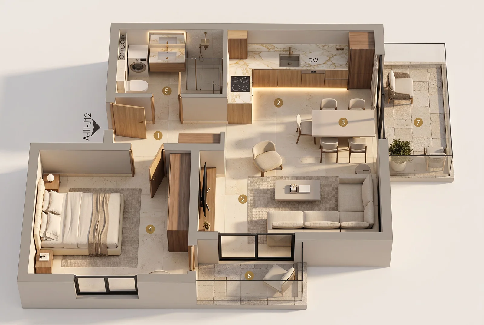 Yatak odası, mutfak, oturma odası, banyo ve balkona gösteren üstten görünüm 3D daire planı.