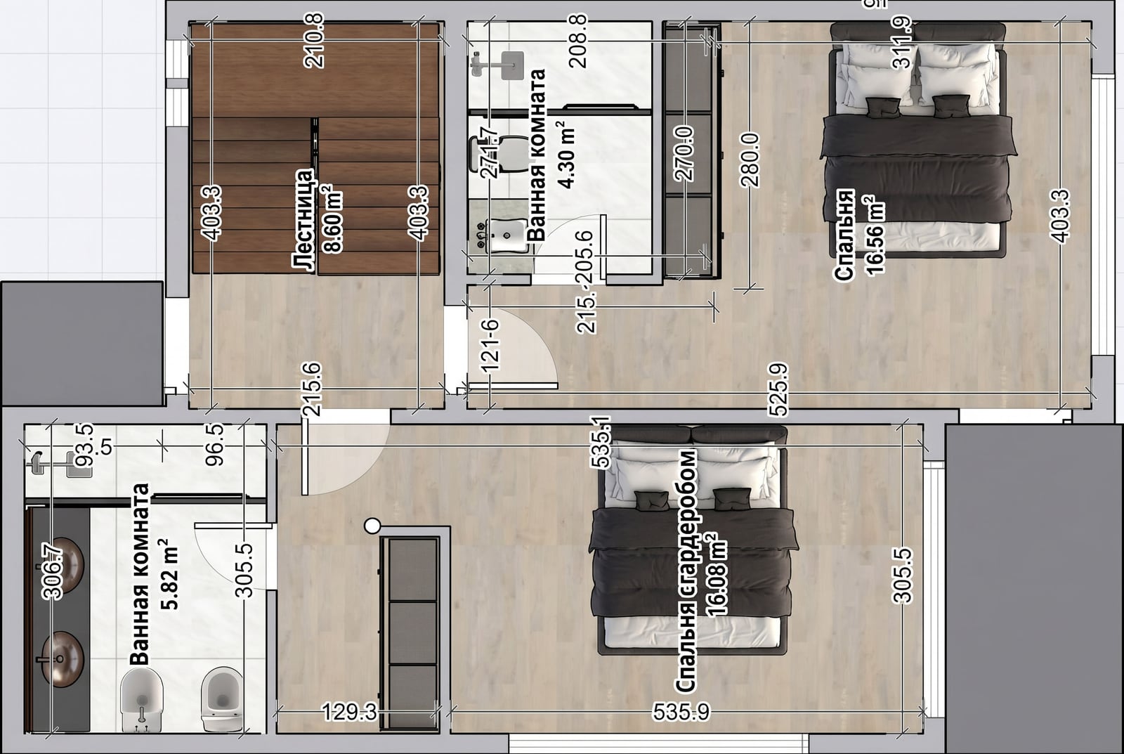 Plan du deuxième étage de la villa à Reževići, Monténégro : deux chambres avec salles de bains privatives et espace escalier.