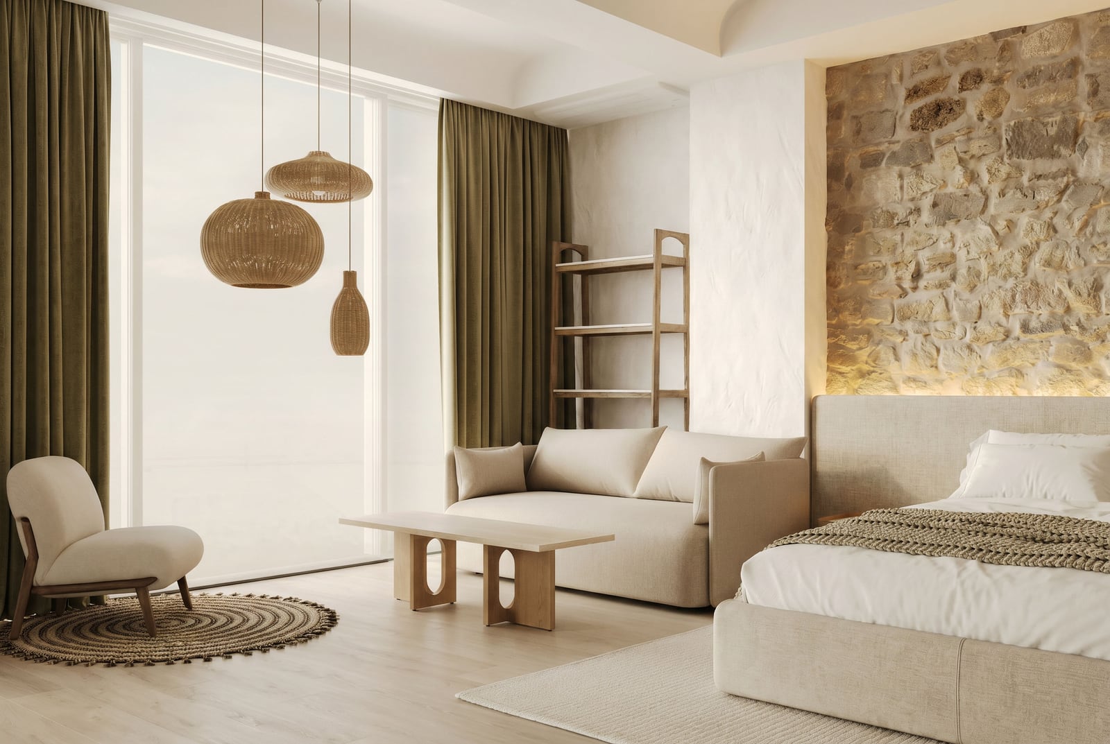 Enterijer spavaće sobe u stambenom kompleksu Sveti Stefan, Crna Gora: kameni zid, panoramski prozori, svetao nameštaj i pleteni lusteri.