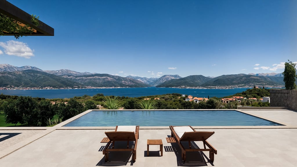 Infinity-Pool mit Meerblick und Bergpanorama in Luštica, Montenegro: Terrasse mit Holzliegen an der Villa.