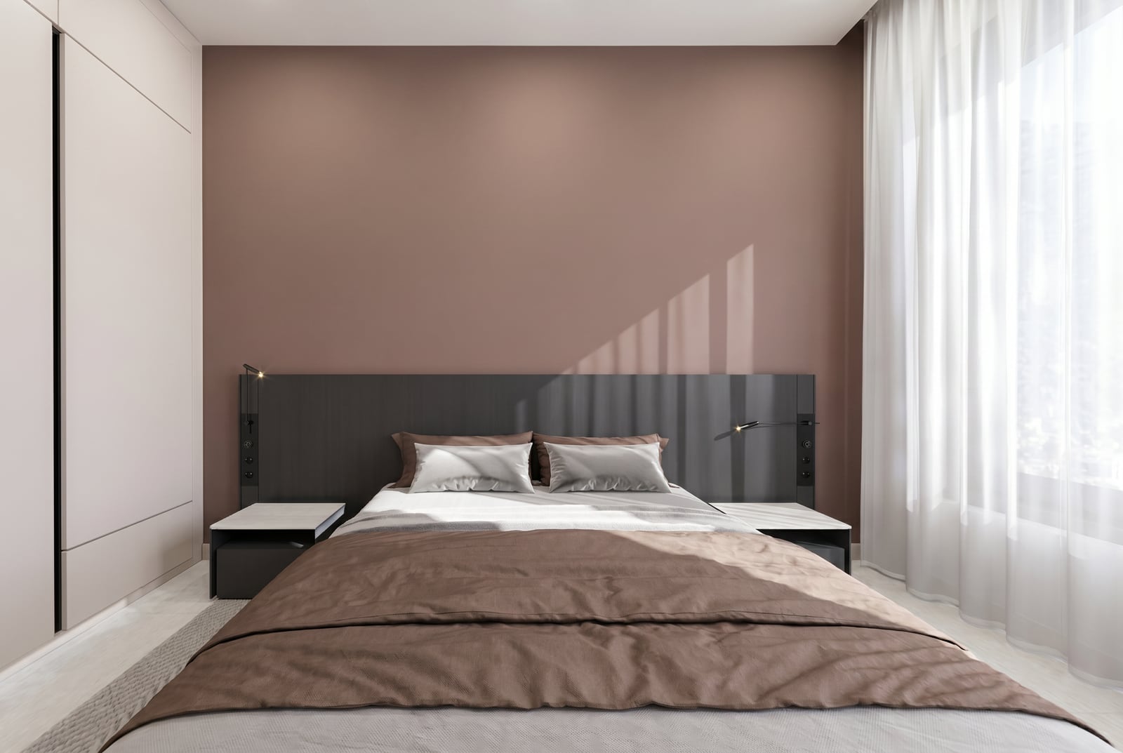 Modernes Schlafzimmer in einer Wohnung des Wohnkomplexes Tivat, Montenegro: Doppelbett, dunkles Kopfteil und Panoramafenster.