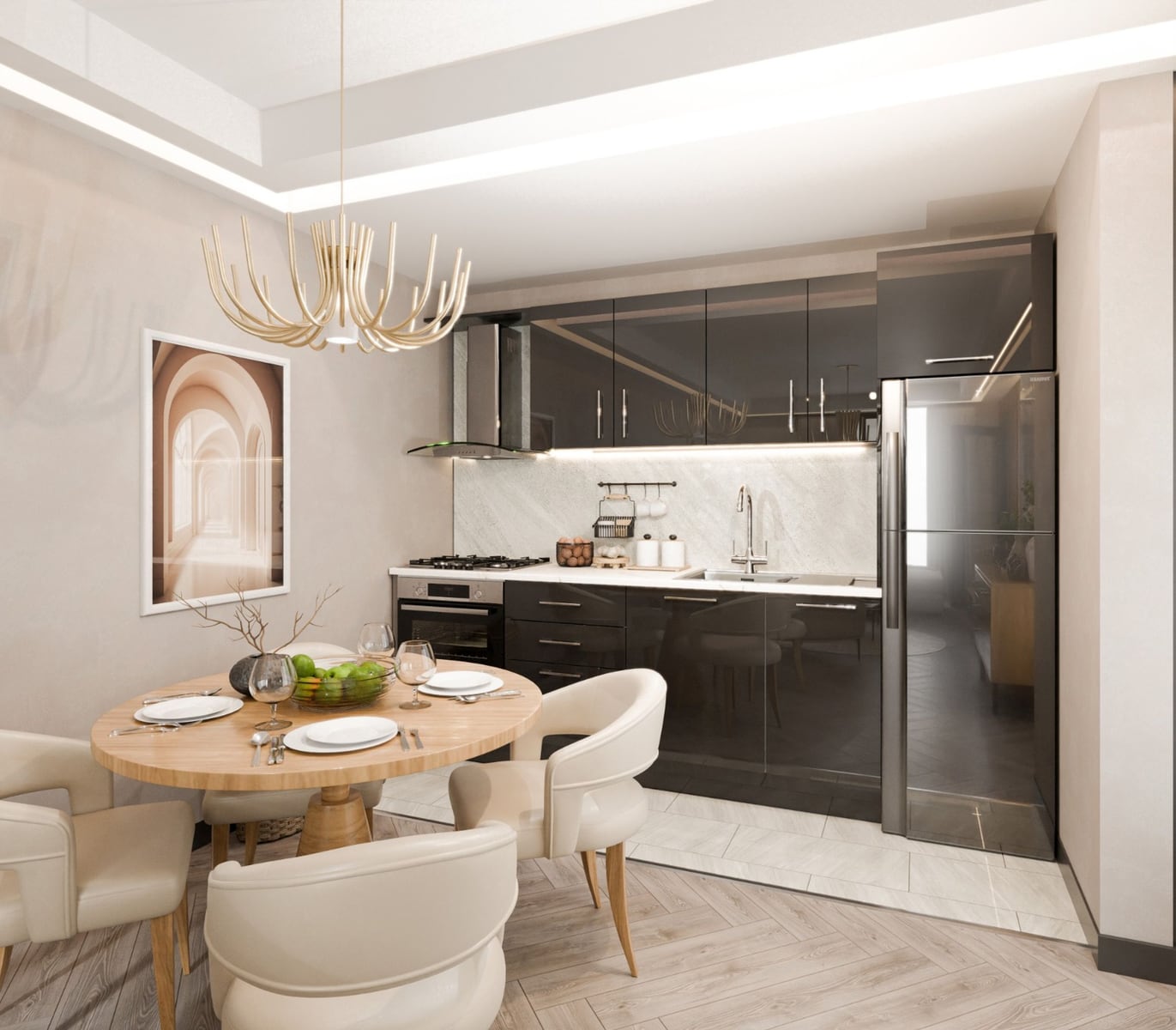 Cuisine moderne avec mobilier sombre et coin repas dans le complexe résidentiel Radanovici, Monténégro. Intérieur design de l’appartement.