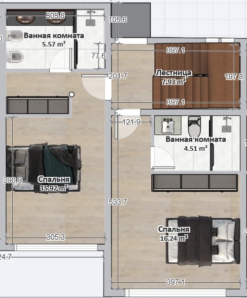 Floor plan of a villa in Reževići, Montenegro: two bedrooms, two bathrooms, and a staircase with area specifications.