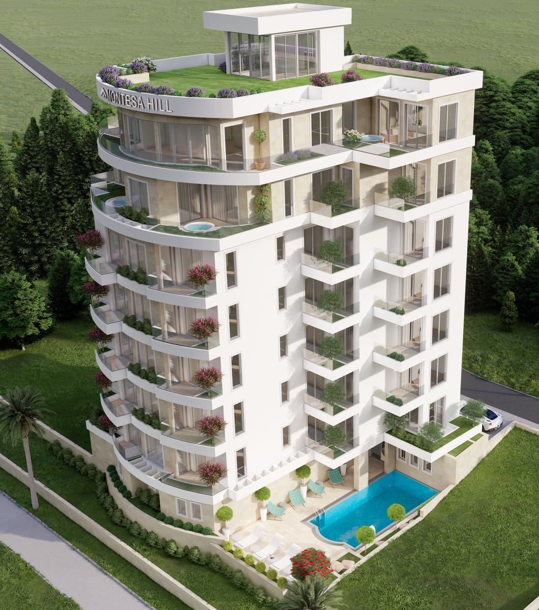 Complexe résidentiel moderne avec terrasses, piscine et espaces verts à Bečići, Monténégro