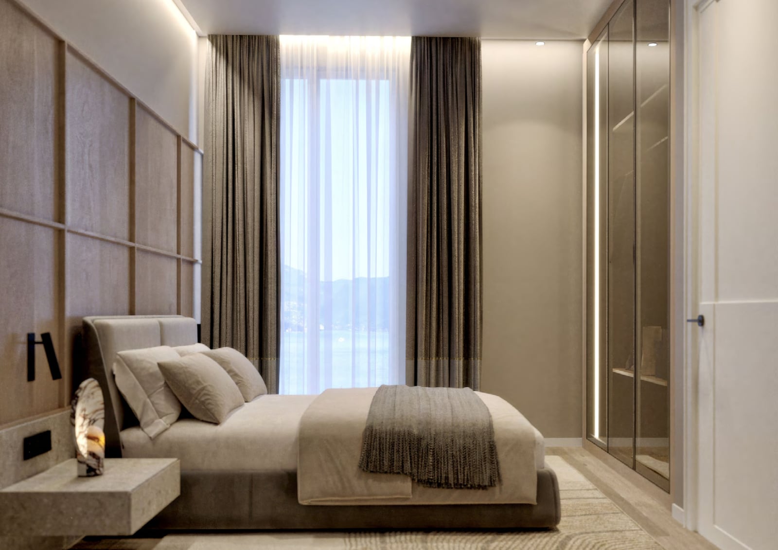 Modern bedroom with panoramic window, built-in wardrobe, and wooden panels in a penthouse, Orahovac, Montenegro