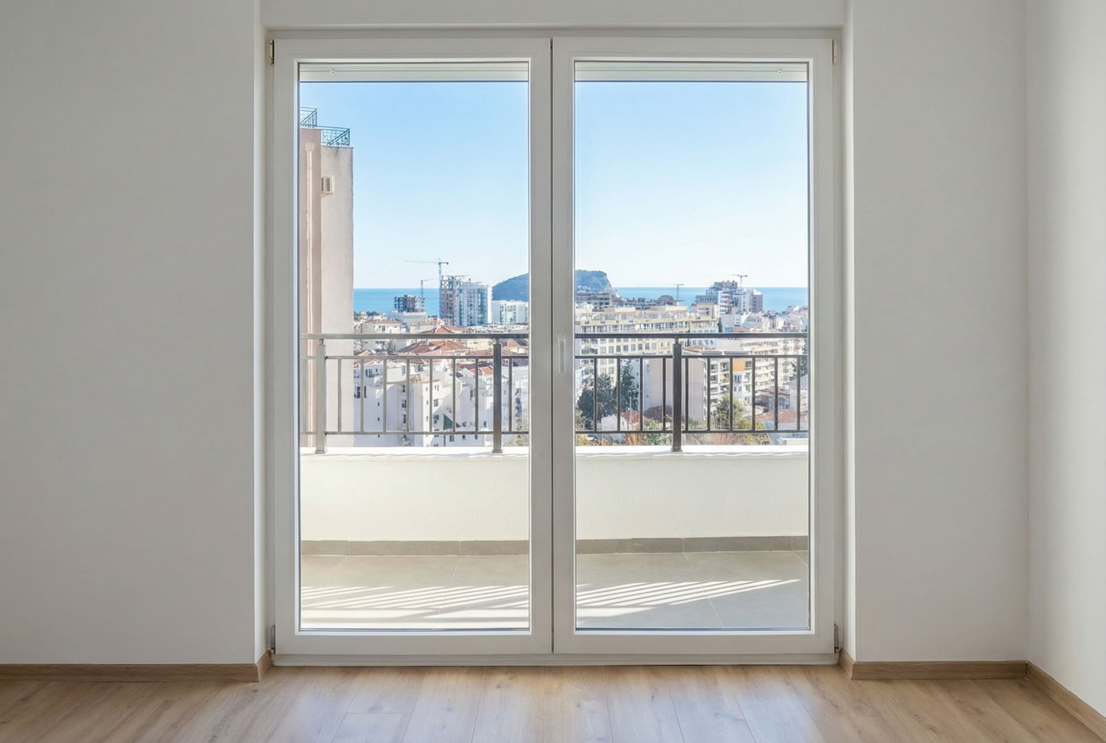 Panoramski prozor sa izlazom na balkon i pogledom na more i grad Budvu, Crna Gora, u modernom svetlom stanu.