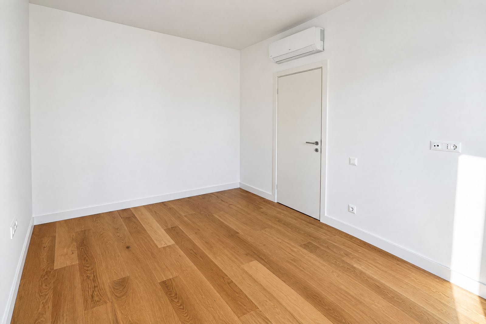 Chambre lumineuse et vide avec parquet et climatisation dans un appartement à Bečići, Monténégro