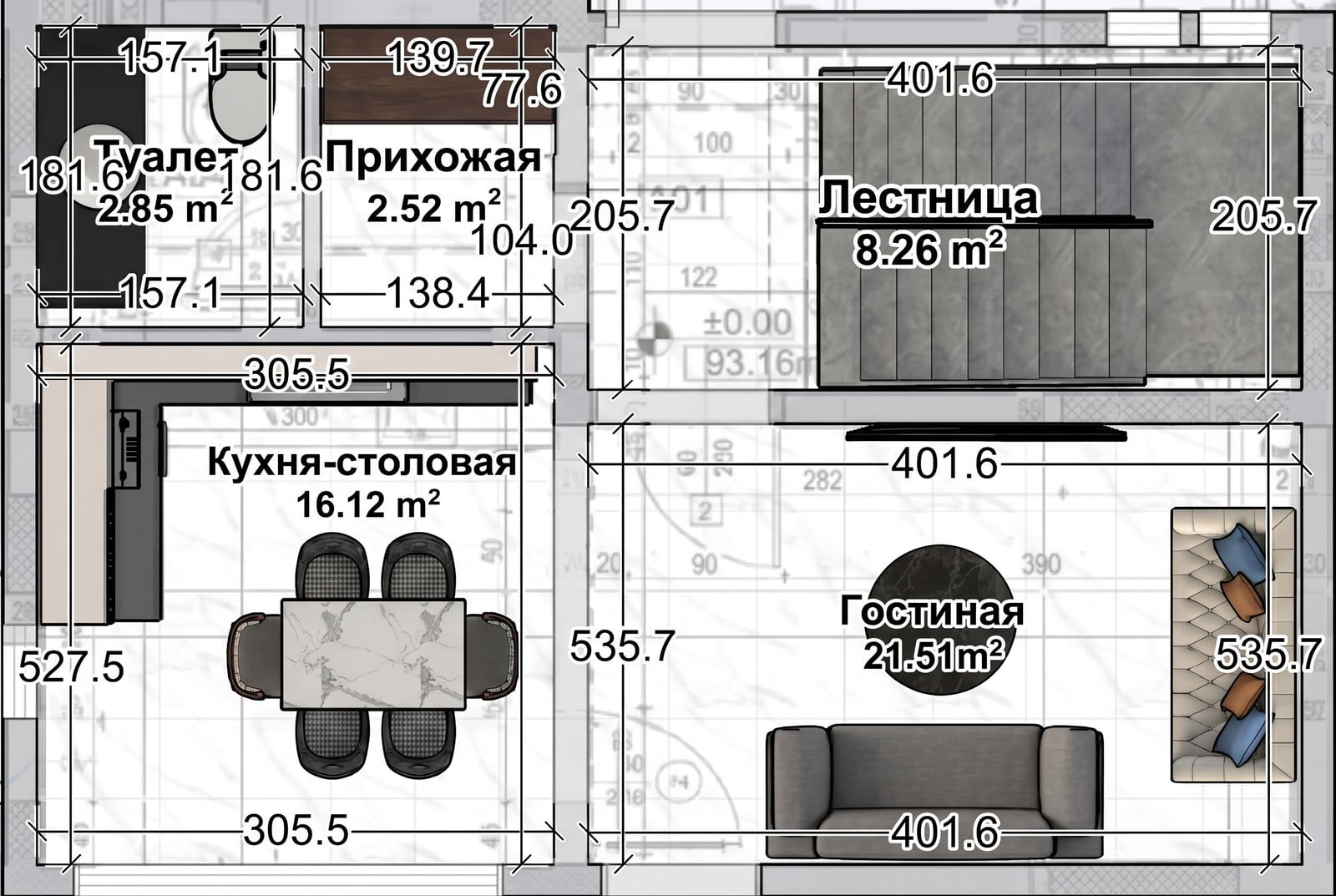 Plan du rez-de-chaussée d'une villa à Reževići, Monténégro : salon, cuisine-salle à manger, escalier et salle de bain avec dimensions.